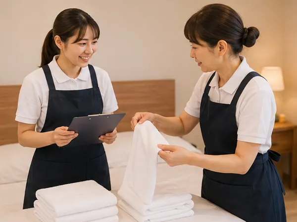 先輩スタッフと現場研修を行う様子